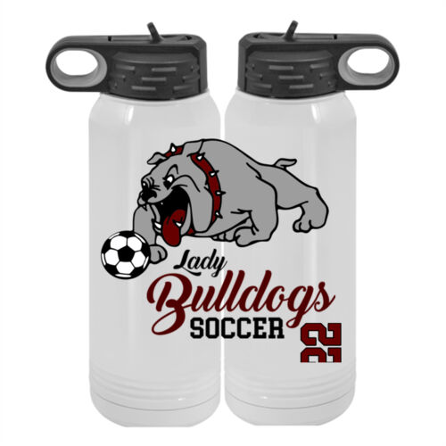 Lady Bulldog Soccer with Optional Number  - Custom 30 oz. White Stainless Steel Vacuum Insulated Water Bottle Thumbnail